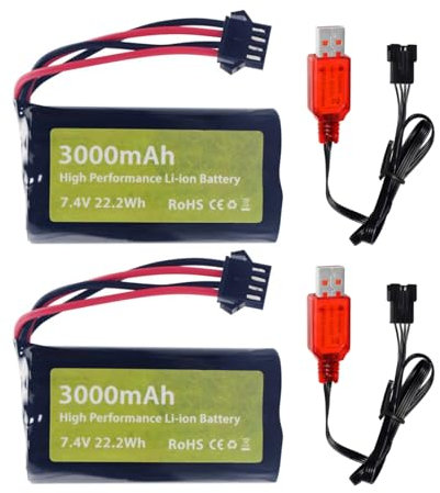 2PCS 7.4V 3000mah 15C 2S Li-ion Battery with SM-4P Plug with USB Charging Cord for EC08 DE85 RC Car Truck RC Boat RC Drone Engineering Vehicle Battery