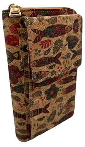 MIGURA Damentasche aus natürlichem ökologischem Kork, Handytasche, Umhängetasche, Handytasche, veganes Produkt, Naturprodukt, Fischdruck, braun