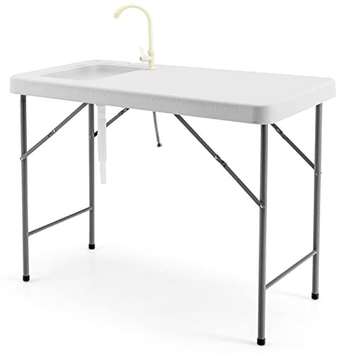 COSTWAY Klappbarer Filetiertisch mit Spüle, Messskala & Wasserhahn, tragbarer Campingtisch, Outdoorspüle Fischreinigungstisch für Camping, Garten, Angeln, 115 x 59 x 93,5 cm