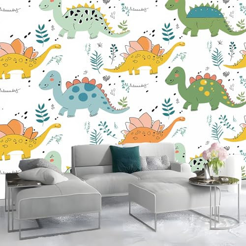 Papier Peint Dinosaures colorés cartoon Papier peint intissé Blanc papier peint mural salle à manger chambre salon 400 x 280 cm Papier peint intissé