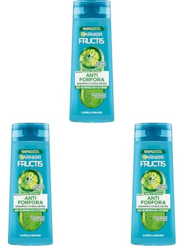 Garnier Fructis Shampoo Antiforfora, Per Capelli Grassi, Azione Purificante, Con Piroctone Olamina, Citrus Detox, 250 ml (Confezione da 3)