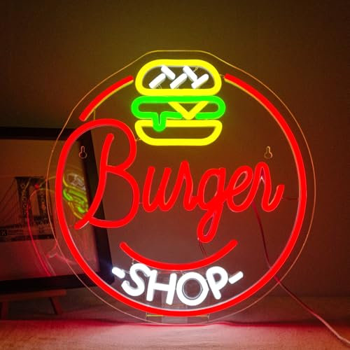 ineonlife Burger Enseigne Néon pour Décoration Murale Enseignes Lumineuses à Leds Hamburger pour Burger Shop Business Lights Room Colorful Decor for Party Snack Shop Restaurant 5V/2A USB