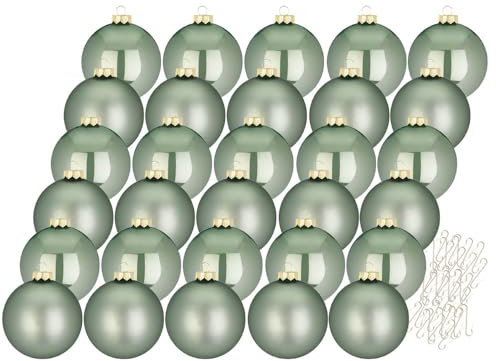 Inge Glas Weihnachtskugeln mit Haken | Schöne Christbaumkugeln aus Glas | Set 30 Kugeln und 40 Aufhänger | Christbaumschmuck Weihnachtsbaumkugeln (Mild Sage | Mint)