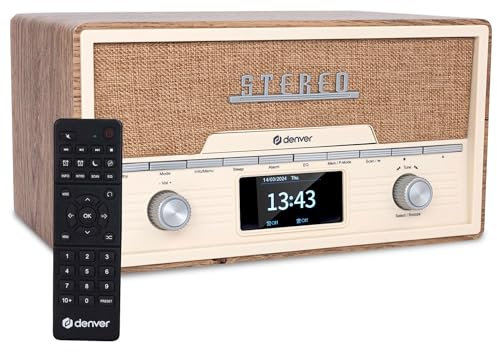 Denver Bluetooth DAB+ Radio CD Player With Clock Alarm & Remote – 2 x 50W Stereo Speakers, 20 Radio Presets, Twin Alarm, USB & AUX - MDA-525 Light Wood