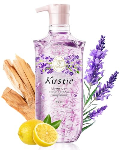 Kustie Gel Douche Lavande aux Vrais Pétales – Flacon Pompe – Hydratant, Antibactérien & Anti-Acné avec Huile d’Arbre à Thé, Parfum 24H, Peaux Sensibles, 380ml