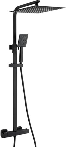 Auralum Columna Ducha Negra Termostatica, Duchas de Baño Columna con 30x30cm Rociador de Ducha, Conjunto de Ducha Altura Adjustable entre 80-124cm