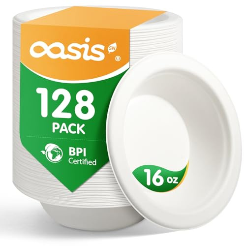 OasisSN 480ml (16 oz) 128 Pack Compostable Paper Bowls, Disposable Salad & Meal Bowls, Heavy Duty Bagasse Bowls for Pasta, Curry & Rice, Microwave & Freezer Safe, Eco Friendly (White)