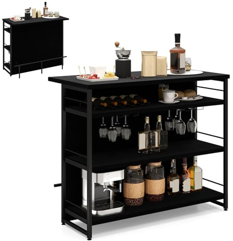 GiantexUK Industrial Kitchen Island Sideboard, Dining Bar Table Station with Wine Rack, 3 Open Shelves, Glass Holders, Footrest & Adjustable Foot Pads, Storage Shelf for Home Pub (Black)