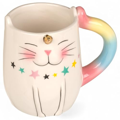 MIJOMA Unicorn Cat Mug - Cat Mug with Rainbow Handle & Gold Horn, 380 ml - Ceramic Mug Made of Dolomite for Coffee, Tea & Cocoa