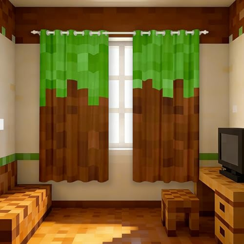Homemissing Pixel Game Curtain (2 Panels, W46*L54) Green Brown Camo Blackout Shades Cartoon Room Darkening Curtain Microfiber