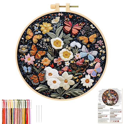 JSRQT Kreuzstich Kit Schmetterling Sticken Stickerei Set Erwachsene Anfänger Butterfly Blumen Embroidery Stickset DIY Handgemachte Starter Tools Kunstprojekt Bastelset Farbfäden und Werkzeuge Handwerk