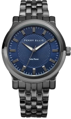 Perry Ellis Solar Herren Armbanduhr - Blaues Zifferblatt, Gunmetal Alloy Band, Wasserdicht Analog