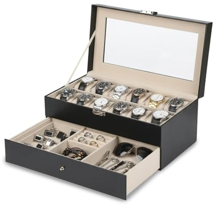 Avilia – Porta Orologi Gioielli Uomo/Donna Pelle PU Vetro – 15 Scomparti Cassetto Cuscinetti Estraibili, Organizer Lusso, dea Regalo Uomo Donna Elegante