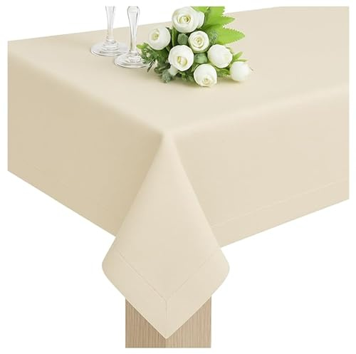 DECOOR Tischdecke 110 x 150 cm, schmutzabweisend, wasserabweisend, Latte | matte, eckige Tischwäsche, aus Stoff in Leinenoptik, abwaschbar, mit dekorativer 5 cm Bordüre, 220 g/m²
