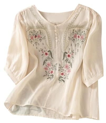 Angxiwan Linen Shirt Women Oversized Embroidery Linen Tunic Tops Retro Jacquard Short Sleeve Boho Blouse Casual Loose Fit Flowy Hem Tee Shirt Lightweight Beach Wear Blouse for Vacation Office