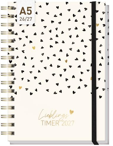 Häfft Lieblings-Timer Ringbuch-Kalender 26/27 A5 Golden Hearts | 17 Monate Wochenplaner mit schönem Hardcover und Spiralbindung, hübscher Terminkalender von August 26 bis Dezember 27
