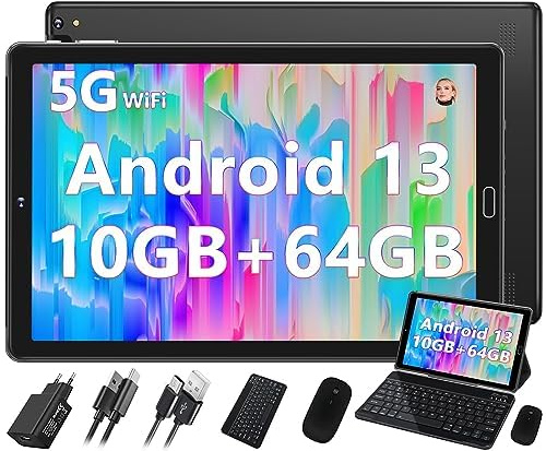 Tablet Táctil de 10.1 pulgadas con Android con 10GB RAM + 64GB ROM Procesador Octa-Core | Batería 8000mAh | WiFi 5G | GPS | Bluetooth 5.0 | 13MP + 5MP, Tablet táctil con Funda Protectora-Negro