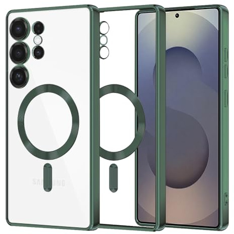 Techsuit für Samsung Galaxy S25 Ultra Hülle mit Magnetring, Kristallklares Design, Farbige Akzente, Erhöhte Kanten, Kameraschutz, Luxury Crystal Magnetic Series, TPU, Tiefgrün