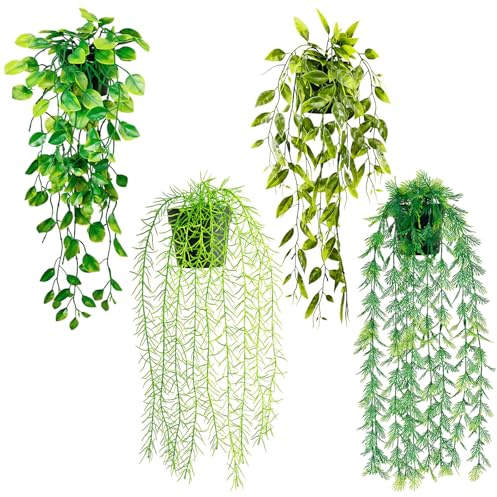 Xazuninsu 4 Pcs Hanging Artificial Plants Indoor Outdoor, Realistic Green Fake Plants for Home Decoration Kitchen Garden Patio Office Table Shelf