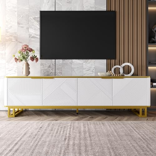 Jaxenor 160cm TV Cabinet with Four Doors, TV Unit, White+Gold | TV Stand with Geometric Texture, Entertainment Center for Living room and Bedroom, Supports TVs Up to 70 Inches