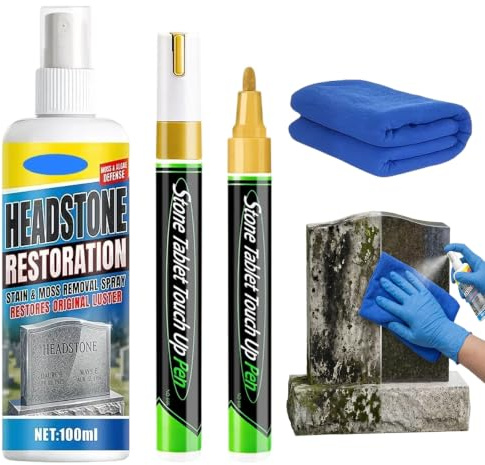 1 Kit de Restauration pour Pierres Tombales: Nettoyant Spray 50 ml + Chiffon Microfibre + 2 Stylo Doré – Pour Raviver les Inscriptions sur Marbre, Granit et Céramique, Résistant aux Intempéries