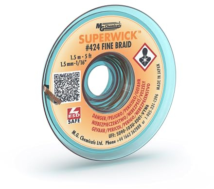 MG Chemicals 424 Desoldering Braid #2 Fine Braid Super Wick with RMA Flux, 5' Length x 0.05 Width, Yellow