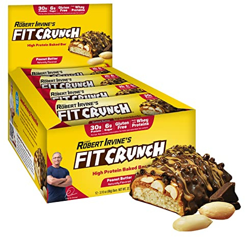 FITCRUNCH Full Size Protein Bars, 6-Layer Baked Bar, 6g of Sugar, Gluten Free & Soft Cake Core (12 Bars, Peanut Butter)