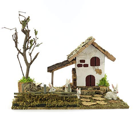 Ferrari & Arrighetti Casetta dei Conigli in Miniatura per Presepe, Linea Natale Presepi Bertoni, Legno e Resina, Multicolore, 19 x 15 x 14 Cm