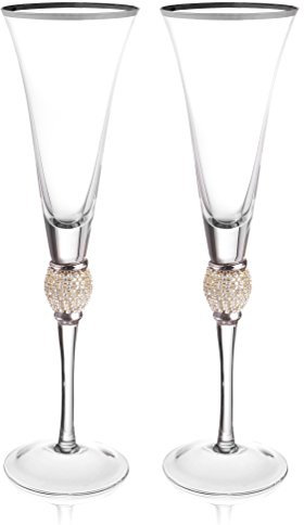 Trinkware Set of 2 Champagne Flutes - Rhinestone DIAMOND Studded Glasses With Silver Rim - Long Stem, 7oz, 11-inches Tall - Elegant Glassware And Stemware