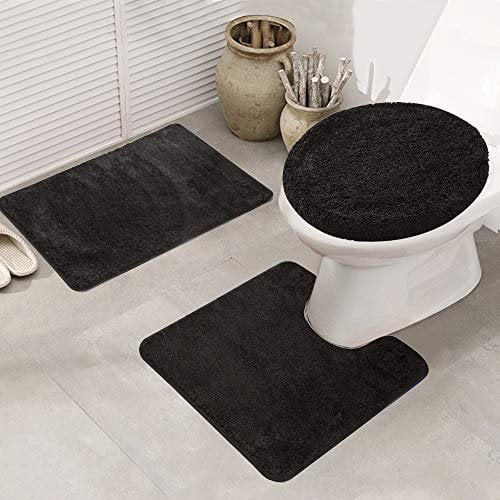 ele ELEOPTION Badematte Set 3 teilig, Waschbar Badezimmerteppich, rutschfeste Badematte Toilettenmatte,Weich Saugfähige Badteppiche und WC Vorleger Duschvorleger (Schwarz)