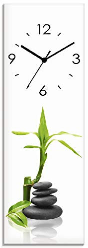 ARTLAND Wanddeko Wanduhr ohne Tickgeräusche Glas Funkuhr 20x60 cm Rechteckig Lautlos Asiatische Motive Zen Steine Spa Asia S7MF