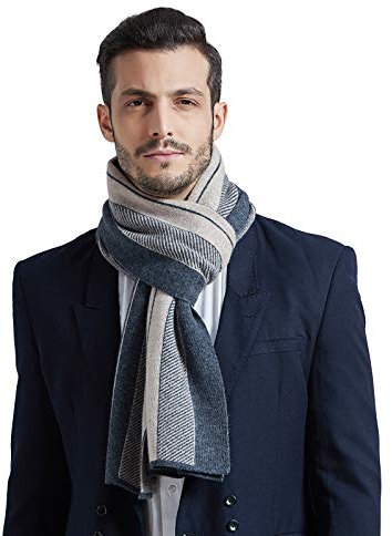 WANYING Herren Kaschmir Schal (65% Wolle+35% Kaschmir) Wolleschal Strickschal Herrenschal Extra Warm Weich für Winter Herbst - Gestreift Anthrazit & Dunkelbeige