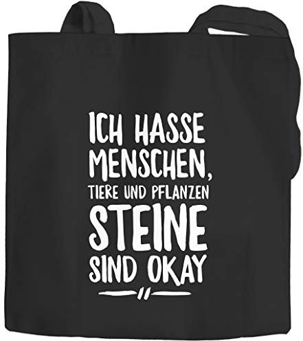Moonworks® Jutebeutel Spruch lustig Ich hasse Menschen Tiere und Pflanzen Steine sind ok Ironie Fun-Motiv schwarz 2 lange Henkel