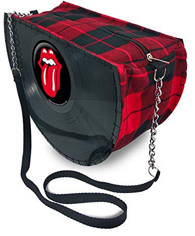 Mancha de Creación - Handtasche aus LP-Vinyl-Schallplatten, tartan Stoff und rolling stones Design, runde Schultertasche für Damen, verstellbarer Griff, Retro, Vintage, Casual