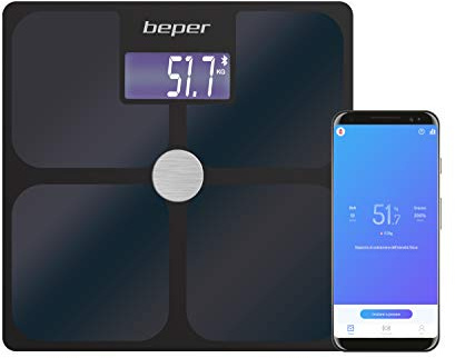 BEPER P303BIP050 Impedanzwaage mit ScaleUp App, Bluetooth für iOS- Android, 21 Körperwerte, unbegrenzte Benutzer, statistische/historische Daten, 180 kg, schwarz