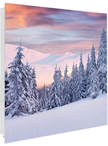 banjado Großer Schlüsselkasten Glas - Schlüsselbox 30x30cm mit 50 Haken - Schlüsselkasten modern für Schlüsselaufbewahrung mit beschreibbarer, magnetischer Glastür - Motiv Berge Schnee