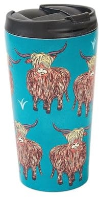 ECO CHIC Reusable Thermal Coffee Cup Stainless Steel Leakproof Insulated 330ml Travel Mug (Highland Cow Teal)