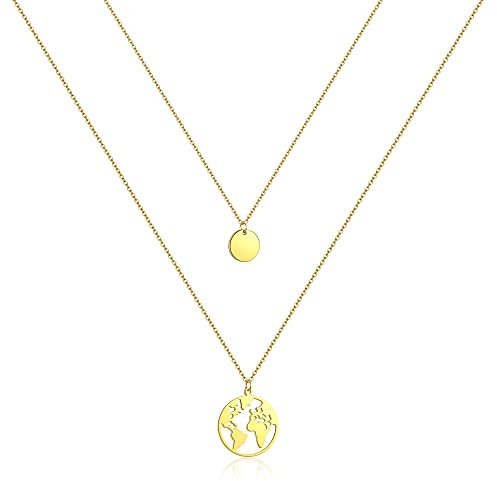 AFSTALR Gold Welt Kette Damen Welt Anhänger Halskette Frauen Doppel Kette Weltkugel Multilayer Kette mit Coin