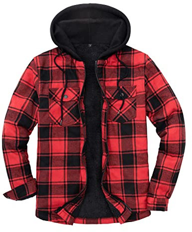 ZENTHACE Veste à carreaux pour homme avec doublure Sherpa, fermeture éclair sur toute la longueur, rouge/noir, L