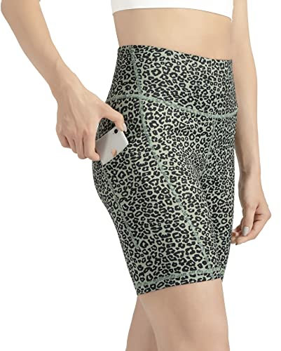 Leovqn Damen Kurze Sporthose mit Taschen Hohe Taille Radlerhose Blickdicht Laufshorts Yoga Kurz Leggings Leopard Grün M