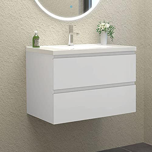 HAPAOSO Waschtisch mit Unterschrank 80 cm Breit Weiss Badmöbel Set Hängend 2 Soft-Close Schubladen MDF-Platte