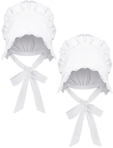 Jenpen White Bonnet Women Colonial Hat Mob Bonnets Straw Handmaids Cosplay Easter Costume Lace with Adjustable Straps(Large)