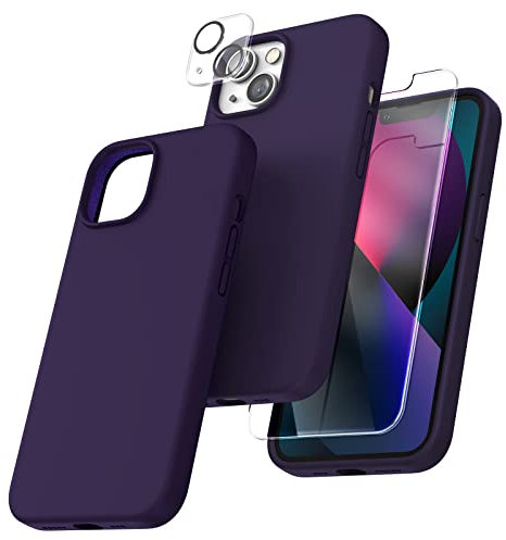 TOCOL 5 in 1 Cover iPhone 13, 2 Pellicola Vetro Temperato + 2 Pellicola Fotocamera, Custodia iPhone 13 Silicone Liquido Antiurto 360 Gradi Protezione Case - Viola Scuro