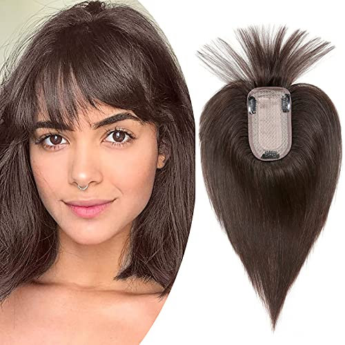 Clip-In Extensions Echthaar Topper Haarteile Glatt Toupet Haarverdickung Haarverlängerung für Frauen 7A Remy Haare 7x13cm Base 15cm-27g 02# Dunkelbraun