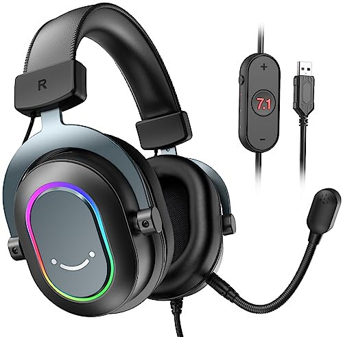 FIFINE Gaming Headset mit Mikrofon, Over Ear Kopfhörer mit Kabel, USB Headset für PC PS4 PS5, RGB Headphone mit 3 EQ-Modi, Surround Sound und Ohrpolster