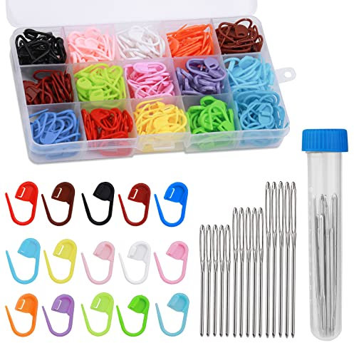 Benlay 315-Teilige Stichnadelclips, 15 Farben Kunststoff-Nadelclips Mit 15 Stück Großen Augen, Stumpfe Nähnadeln, Häkelstichmarker Zum Häkeln Und Stricken, Diy-Bastelschnallenmarker