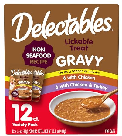 Delectables Lickable Treat Gravy Wet Cat Treat Variety Pack, Food Topper, Hydrating, Grain-Free, No Fillers, By-Products, Added Preservatives, 1.4oz Pouch, 12ct