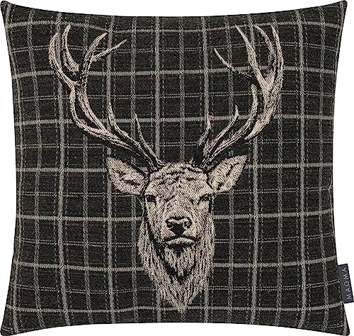 MAGMA Kissenhülle Kissenbezug Hirschkopf Hirsch Landhaus Vintage 45x45cm Burton Jacquard samtig kariert (Anthrazit)