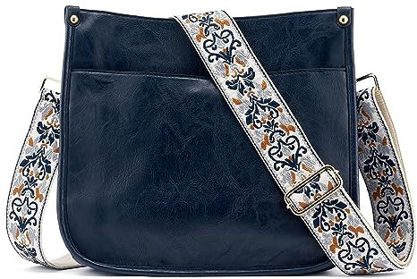ZOUIQSS Dame Crossbody Taschen Leder Umhängetasche Frauen Hobo Handtasche mit Reißverschluss Schultertasche mit verstellbarem Riemen(Marineblau(5CM) Farbe48)