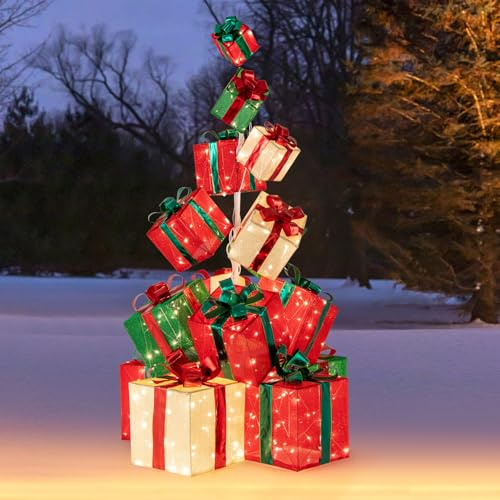 GYMAX Stapeln von Geschenkboxen, glühende Weihnachtsdekoration mit 450 LED-Lichtern & solide Konstruktion mit 8 Bodenspikes, Weihnachtsfigur in Stoff, Weihnachtsbeleuchtung für außen & innen